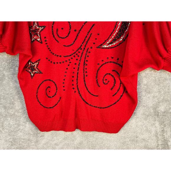 VTG Barry & Me Sweater Large Red Sequin Celestial Stars and Moon 80s 90s - Picture 3 of 7